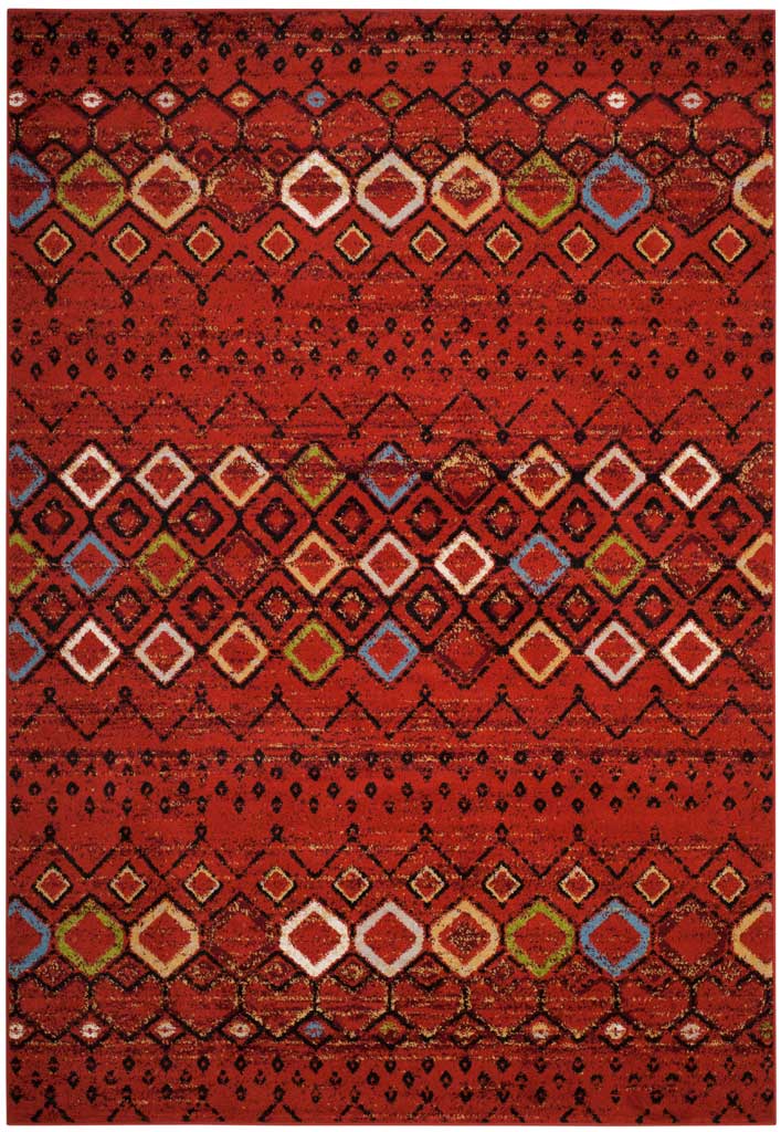 Terracotta 6 ft 7 in x 9 ft 2 in rug with colorful diamonds on a rich red field