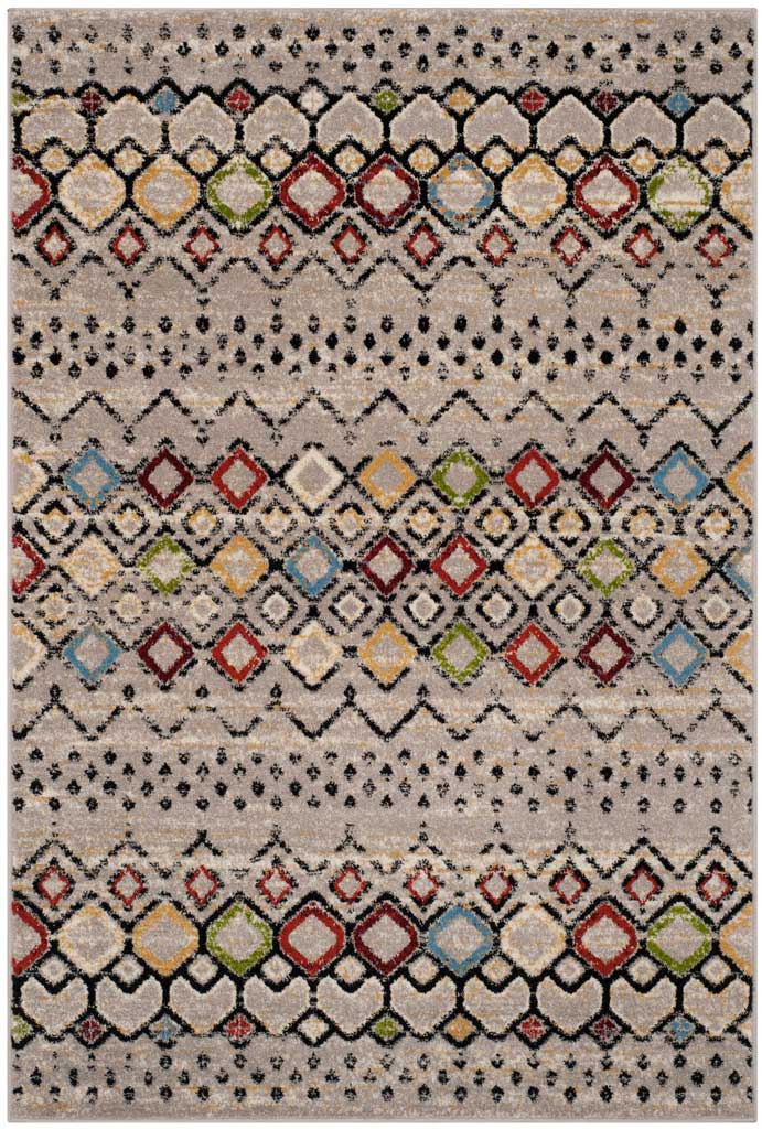 Light gray 4 x 6 ft rug with cheerful diamonds in blue, red, gold and green