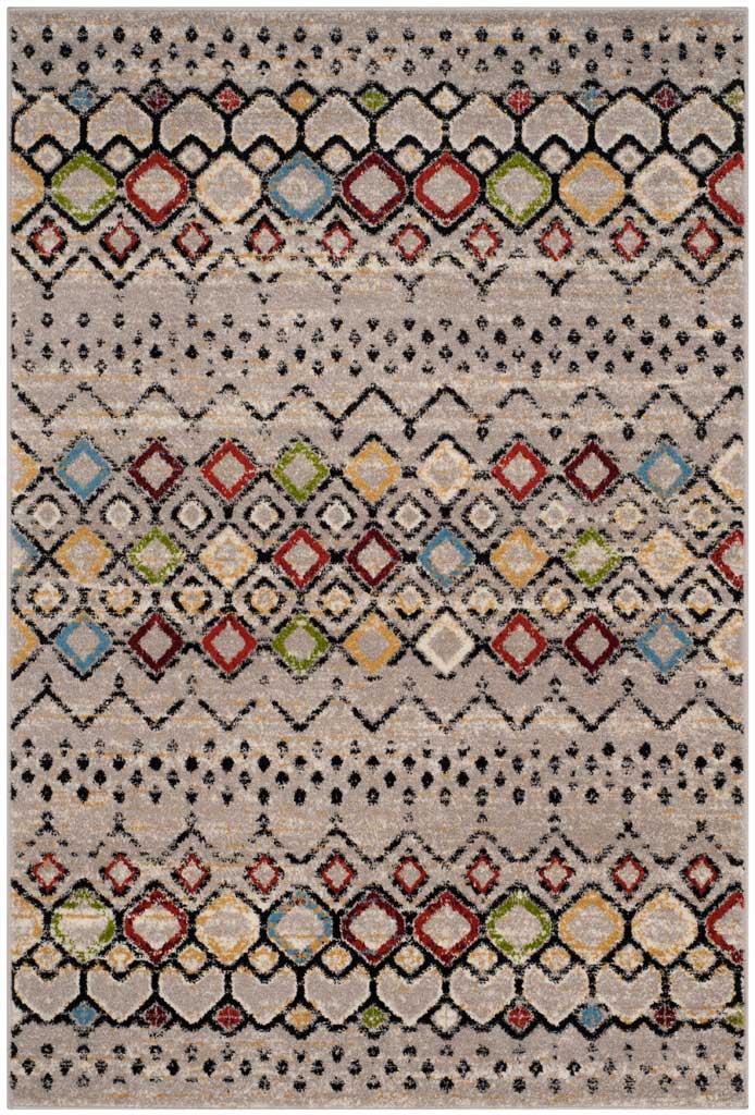Light gray 5 ft 1 in x 7 ft 6 in rug with red, blue and green diamonds across a patterned ground