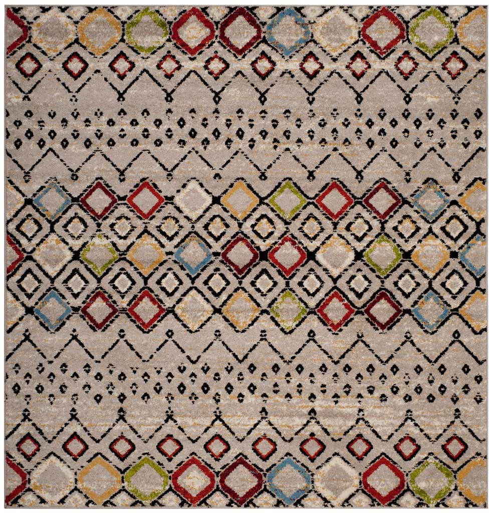 Light gray 6 ft 7 in square rug with colorful diamond bands and delicate black linework