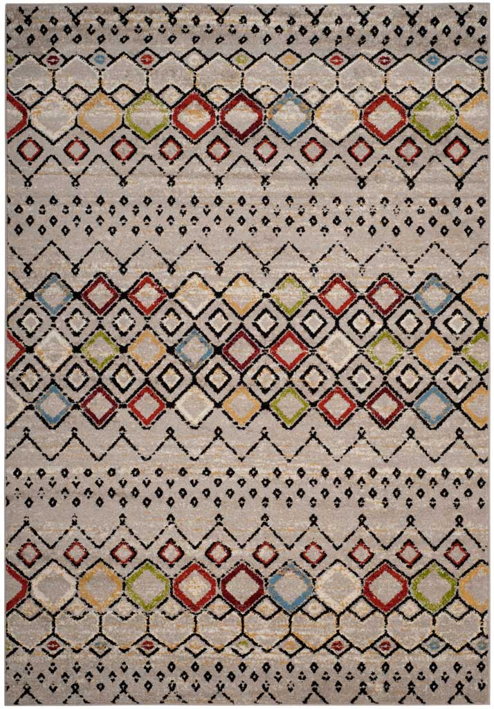 Light gray 6 ft 7 in x 9 ft 2 in rug with vibrant diamonds and fine black dotted motifs