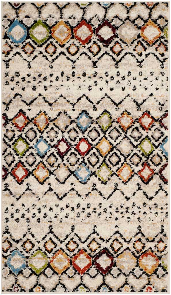 Ivory 3 x 5 ft rug with cheerful multicolor diamonds and delicate black zigzags