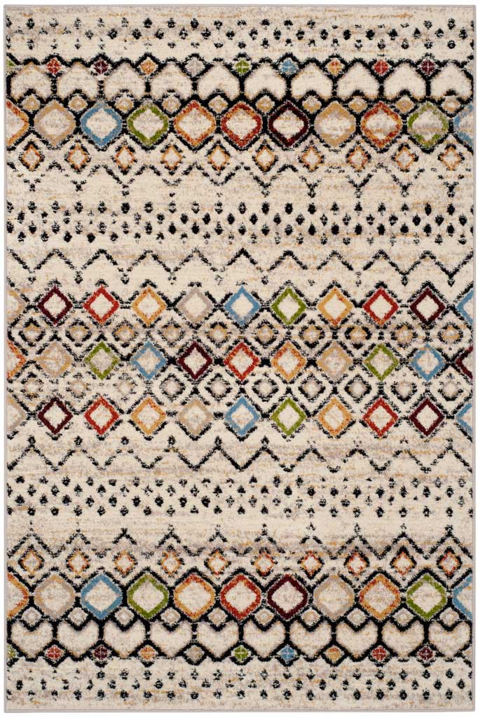 Ivory 4 x 6 ft rug with colorful geometric diamonds and crisp black linework