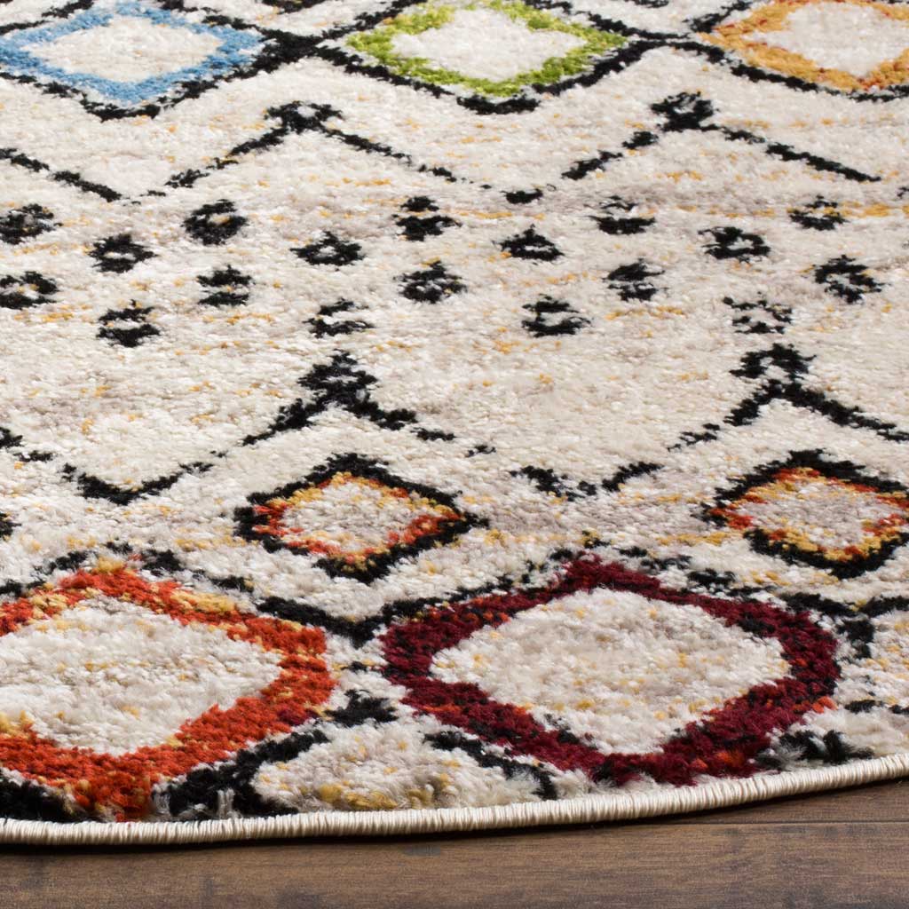 Textured ivory pile shows bright diamond outlines and a neatly finished curved edge