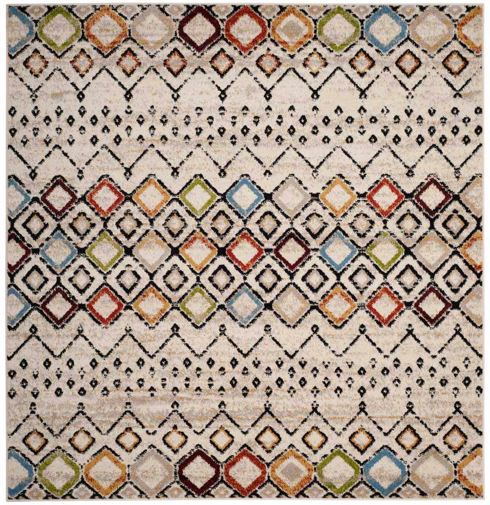 Ivory 6 ft 7 in square rug with playful diamonds in red, blue, yellow and green