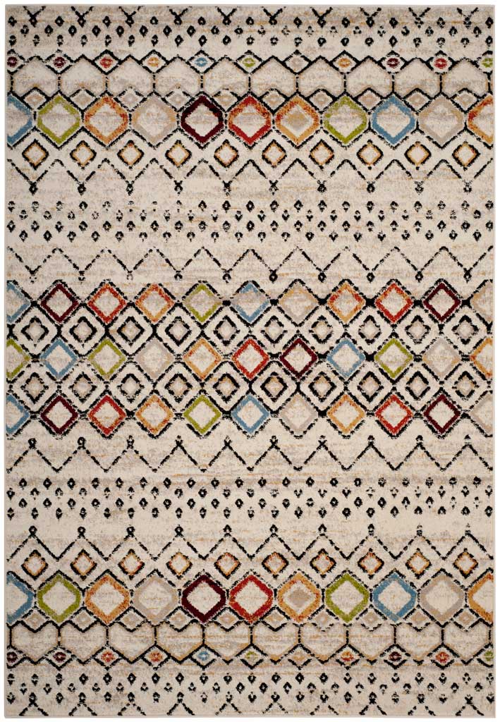 Ivory 6 ft 7 in x 9 ft 2 in rug with colorful diamond bands and delicate black motifs