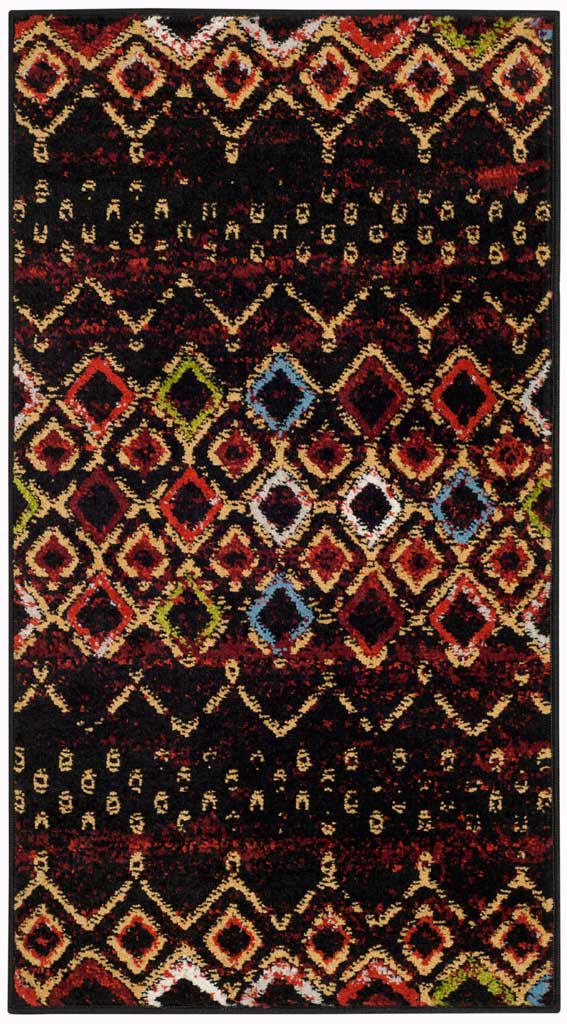 Black 2 ft 3 in x 4 ft accent rug with bold colorful diamonds and tiny geometric motifs