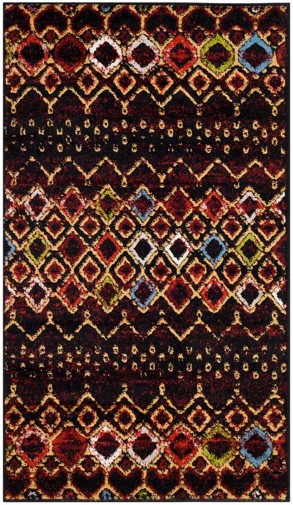 Black 3 x 5 ft rug with jewel-tone diamonds and rhythmic dotted bands