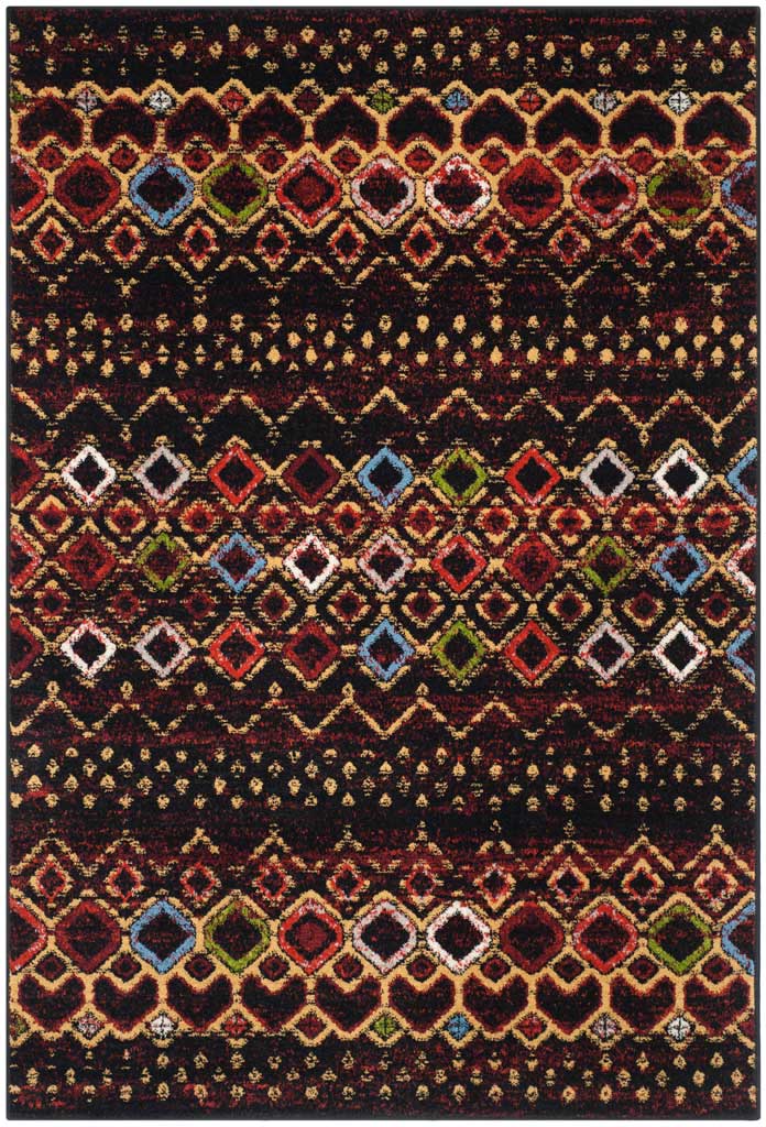 Black 4 x 6 ft rug with lively red, green and blue diamonds on a rich dark ground