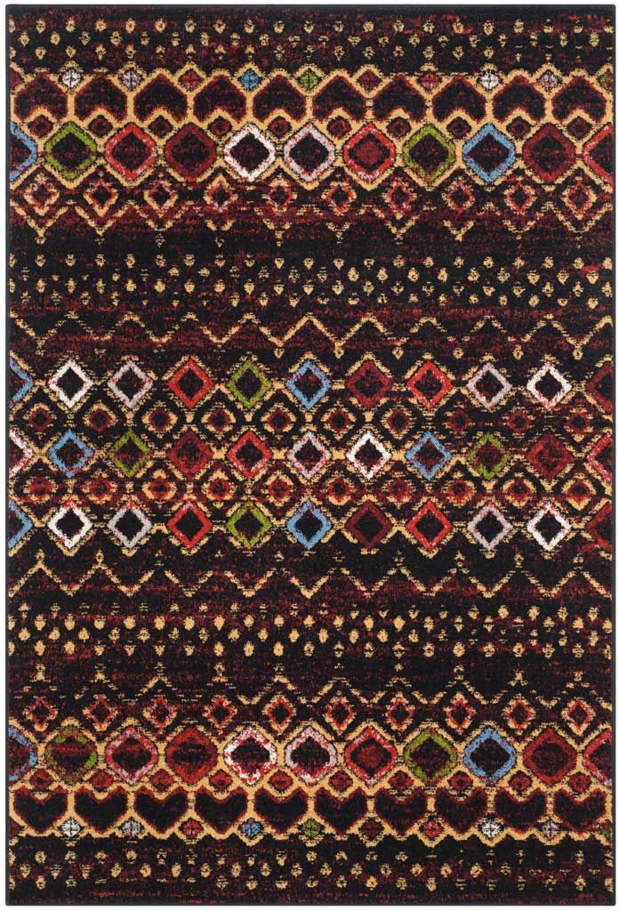 Black 5 ft 1 in x 7 ft 6 in rug with vivid diamond rows and warm bohemian character