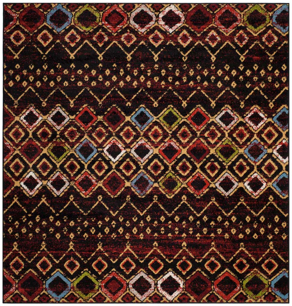Black 6 ft 7 in square rug with bright jewel-tone diamonds and dark geometric fields