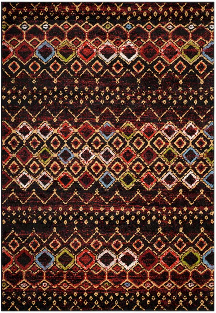 Black 6 ft 7 in x 9 ft 2 in rug with colorful linked diamonds and fine dotted motifs
