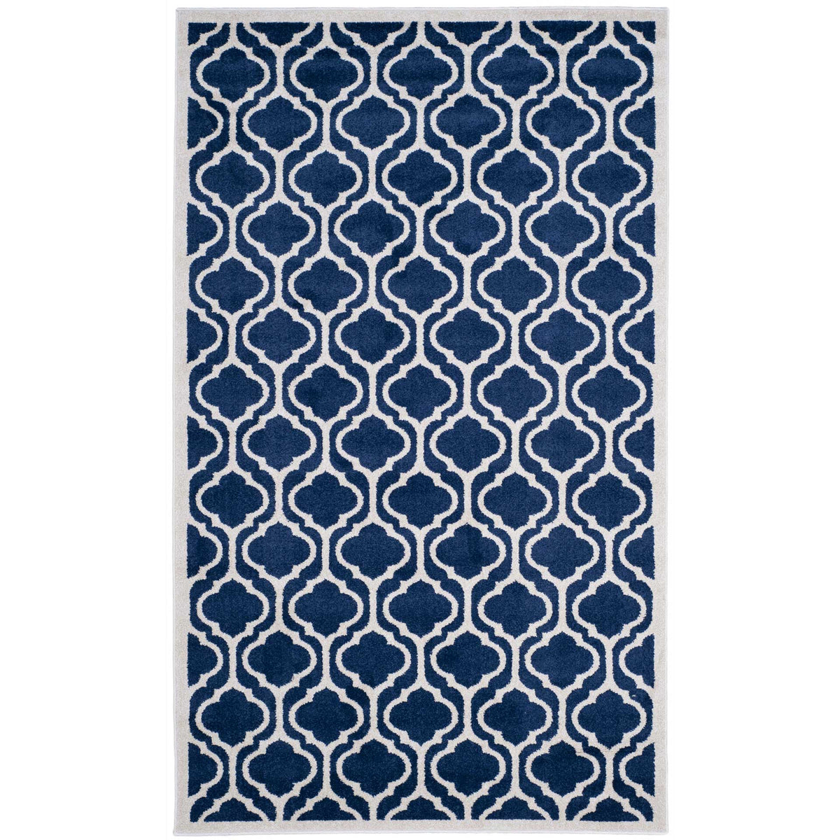 Navy and beige rectangular rug brings a repeating quatrefoil lattice and a neatly framed edge.