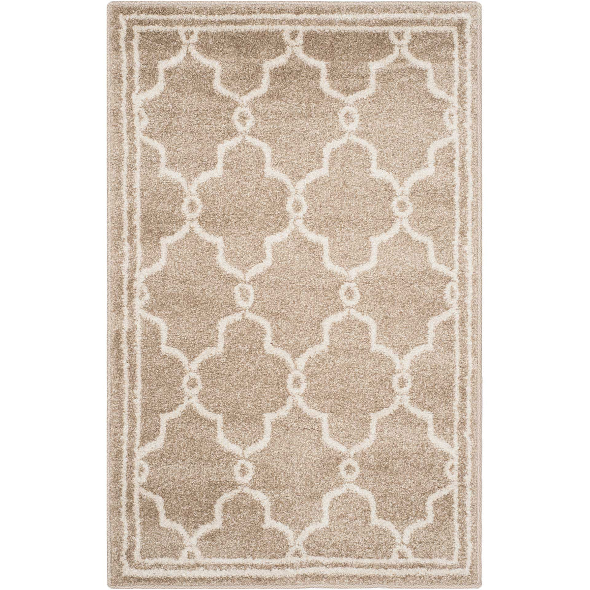 Compact wheat and beige rug combines large trellis motifs with a refined double border