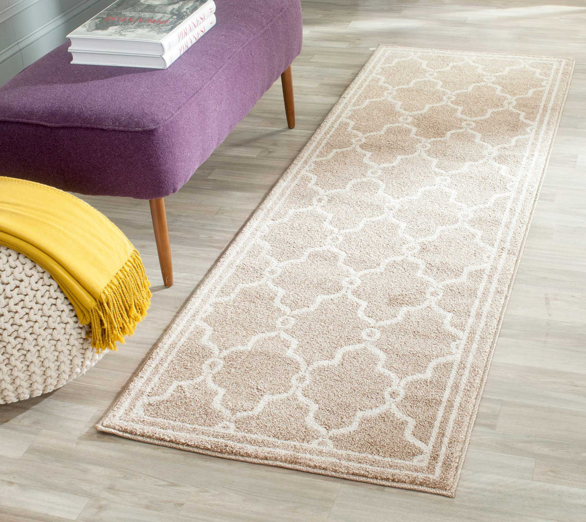 Warm wheat and beige trellis runner brings soft geometric pattern to a bright living space