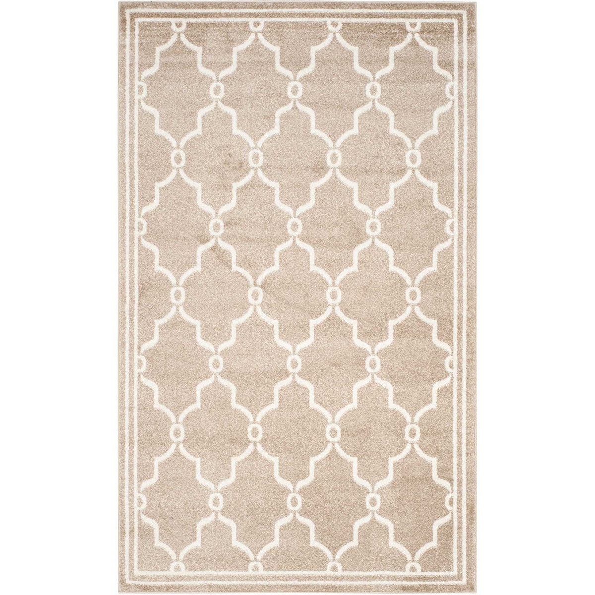 Warm wheat rug features a beige quatrefoil lattice and slim contrasting borders