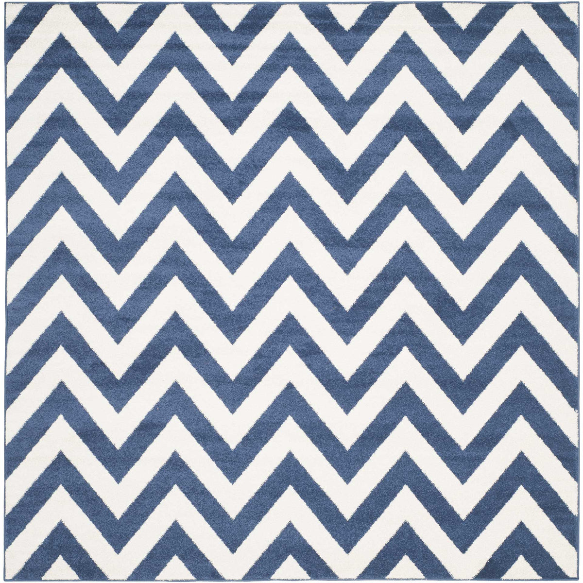 A square navy and beige rug delivers vivid zigzag pattern in a balanced shape.