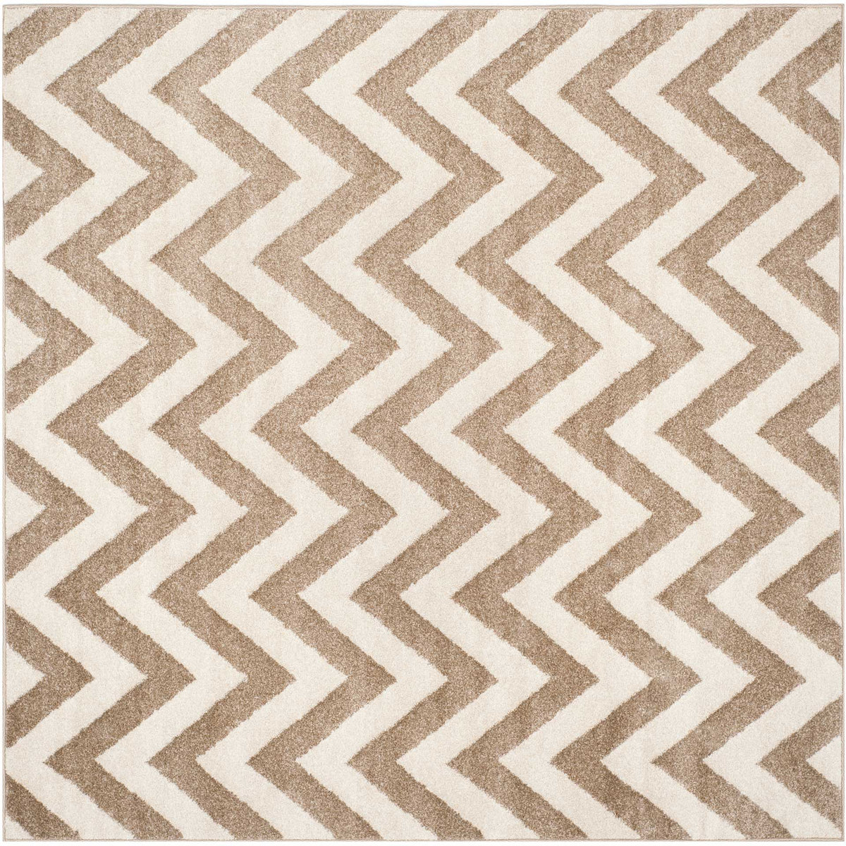 A square rug in warm wheat and beige features repeating chevrons for a balanced look.