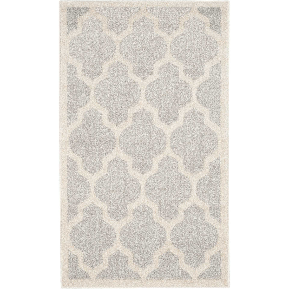 Compact gray accent rug with a beige geometric trellis and coordinating border