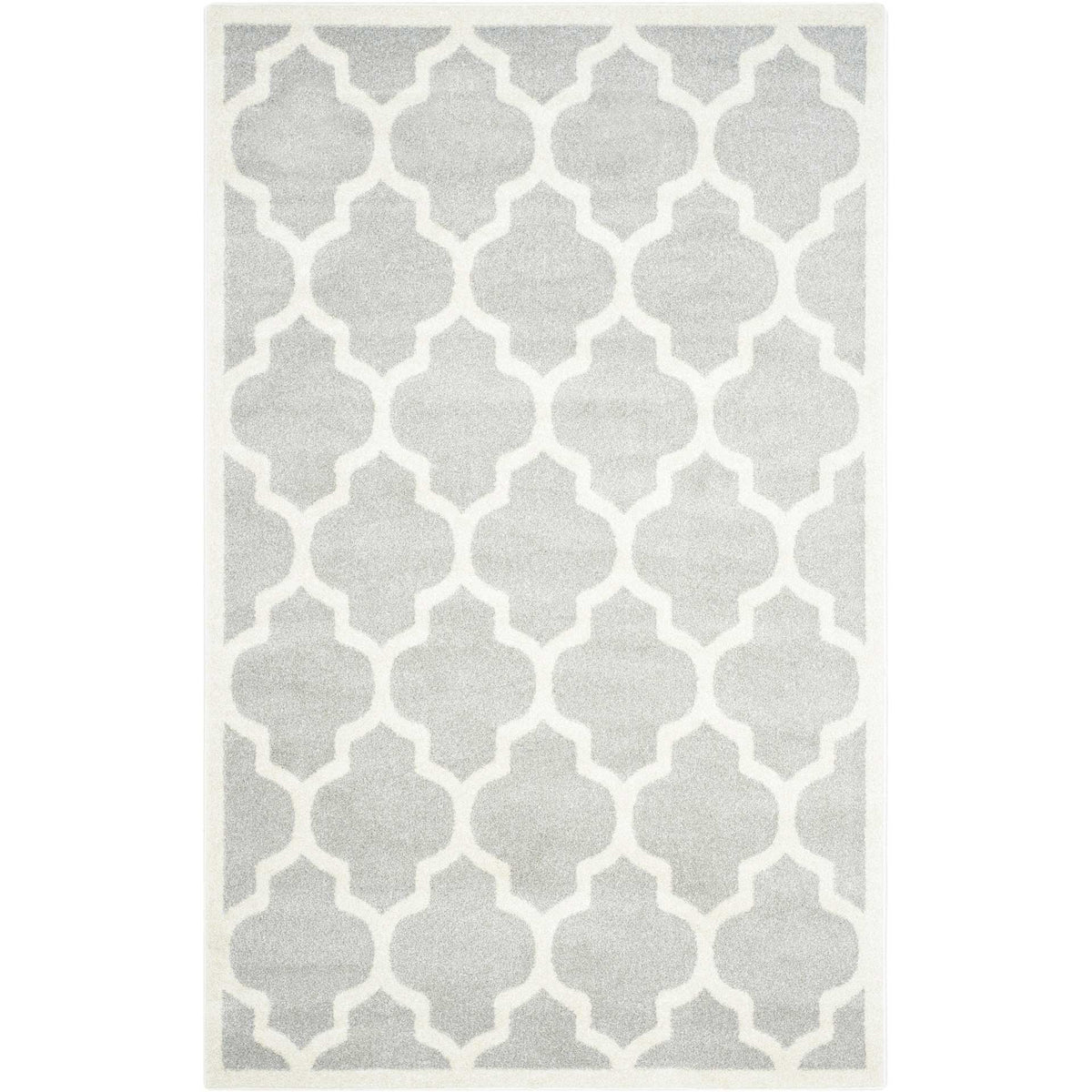 Soft gray rectangular rug with a repeating beige lattice and framed edge