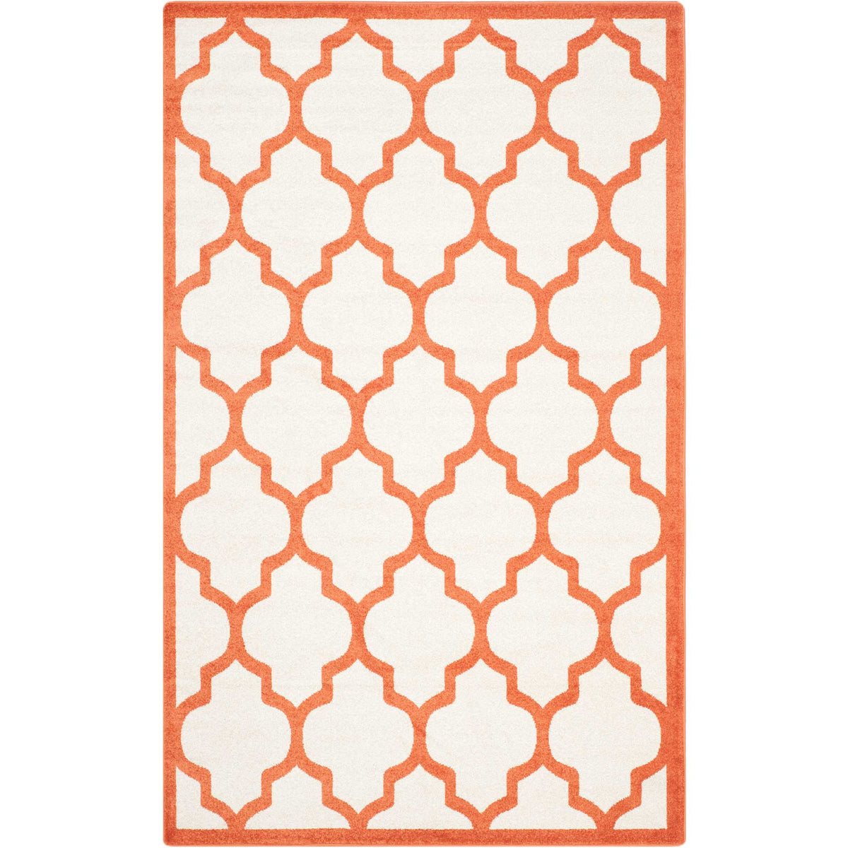 Rectangular beige rug with a bright orange geometric trellis and tidy border