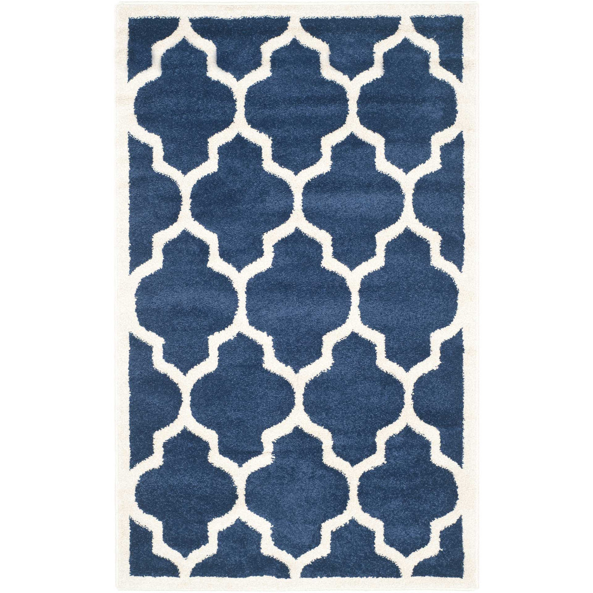 Small navy rug with beige geometric trellis lines and a neat border