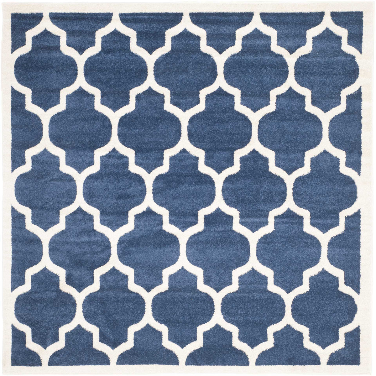 Square navy rug with bold beige latticework and a contrasting border