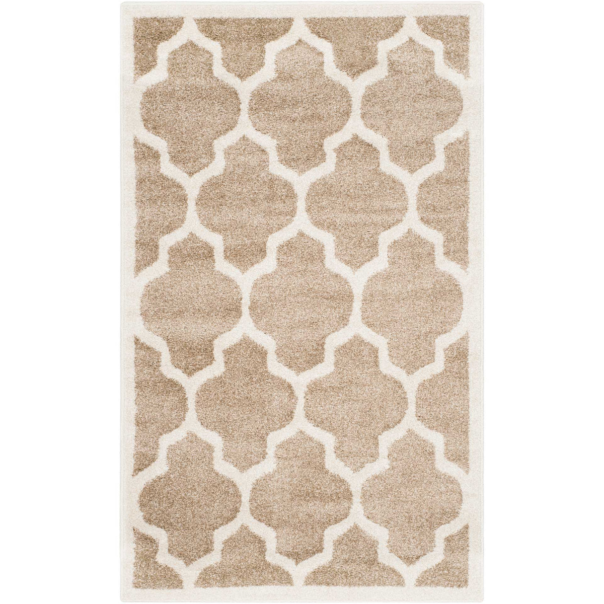 Small wheat-colored rug with a beige geometric lattice and pale border