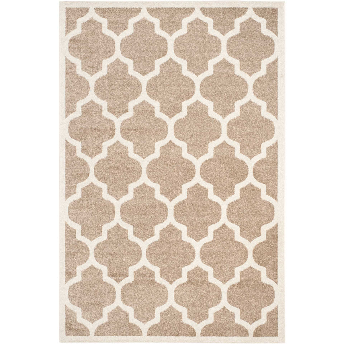 Wheat-toned rectangular rug with a beige trellis and contrasting border