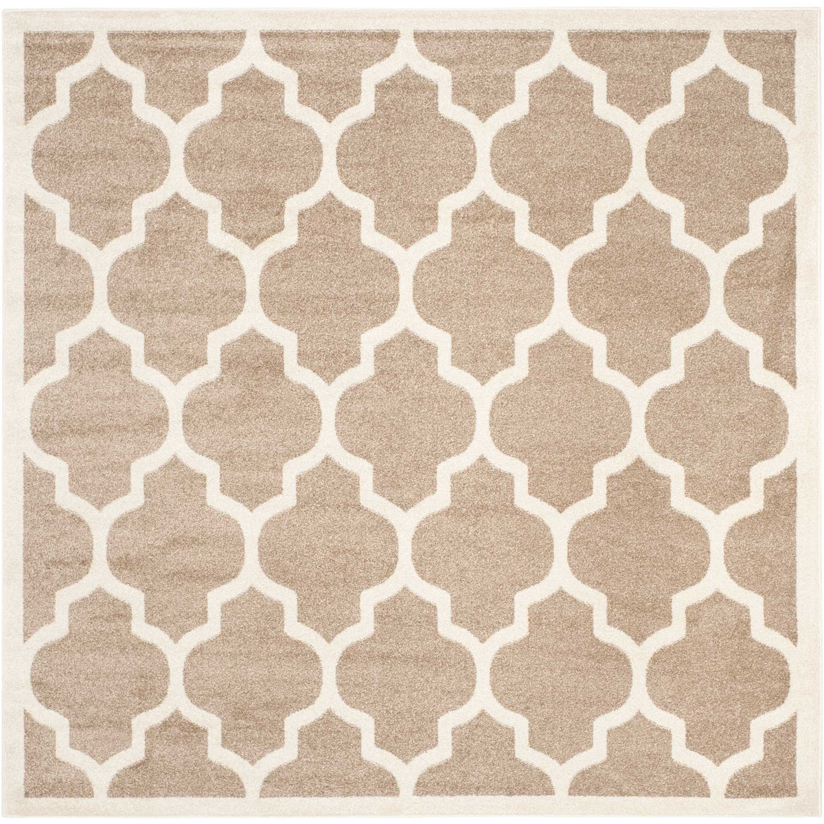 Square wheat and beige rug with repeating quatrefoil shapes and neat edging