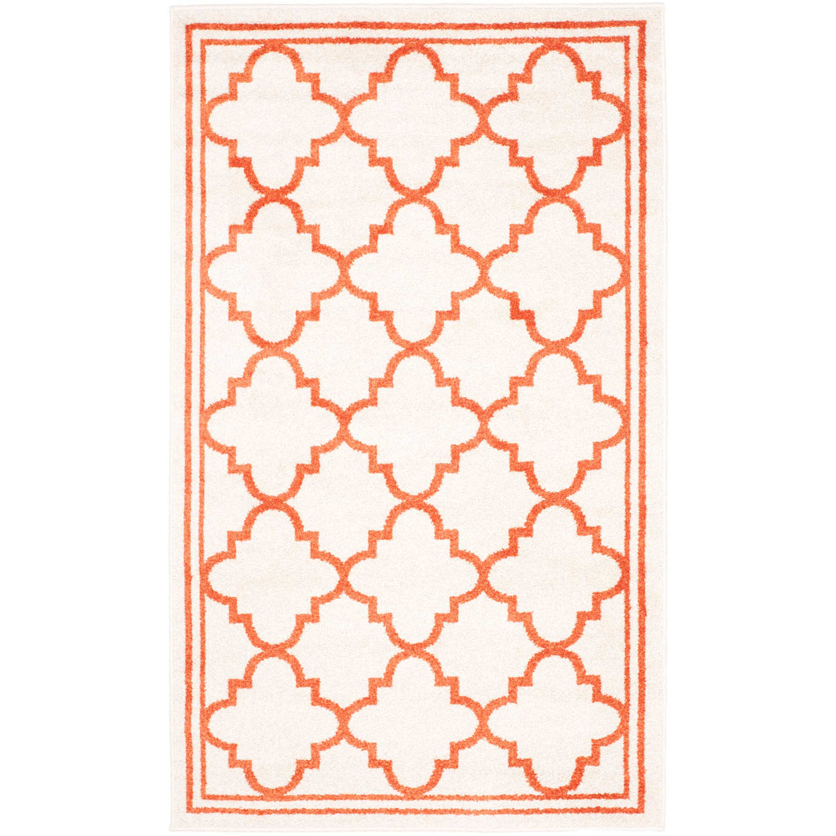 Orange quatrefoil outlines and a double border brighten this 3 ft. by 5 ft. beige rug.