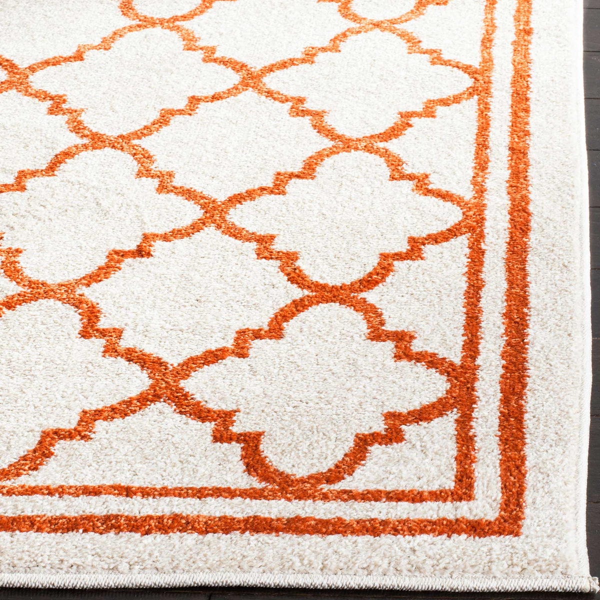 Soft beige pile and bright orange trellis lines meet at a neatly bound double border.