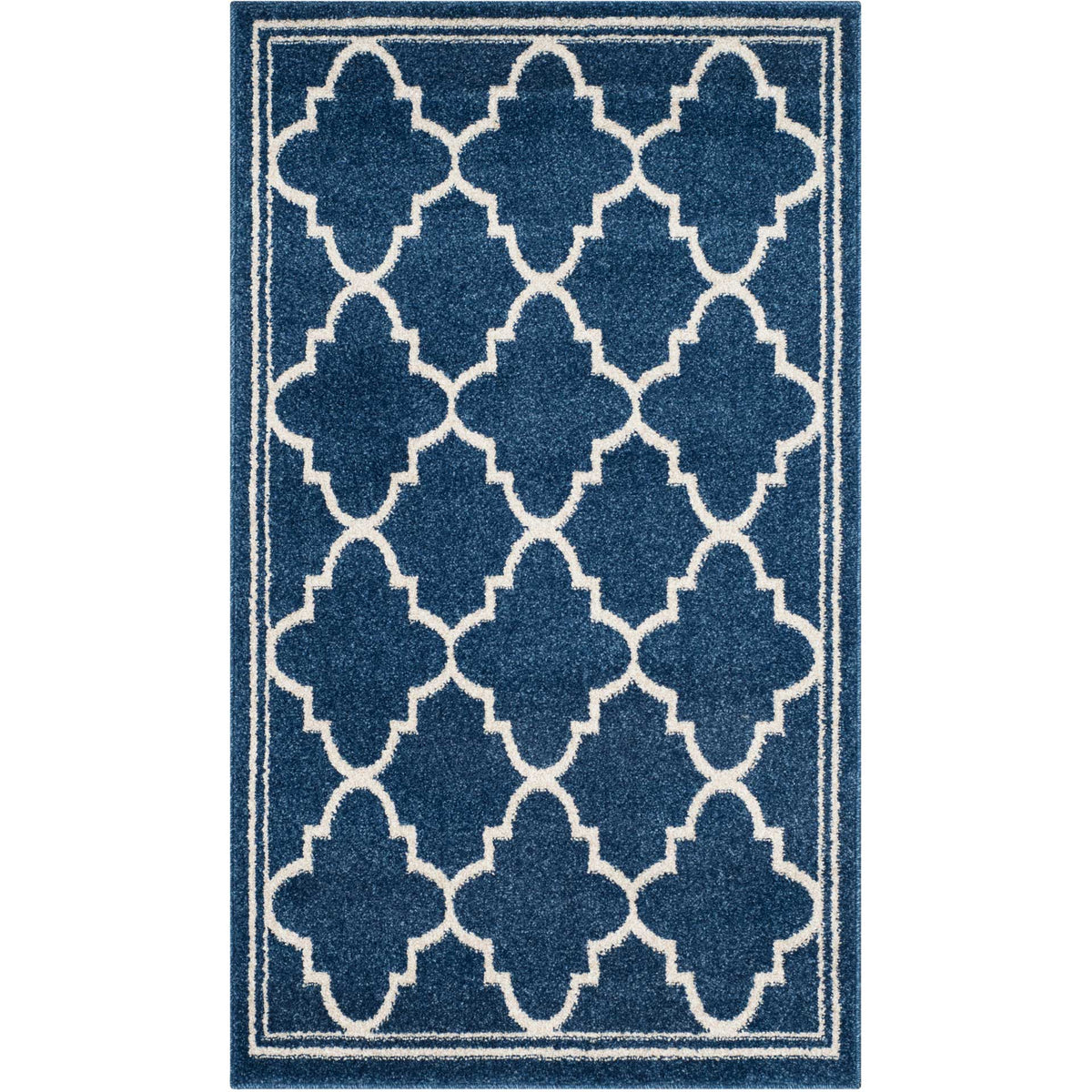 A 2 ft. 6 in. by 4 ft. navy accent rug features a bold beige trellis and tidy border.