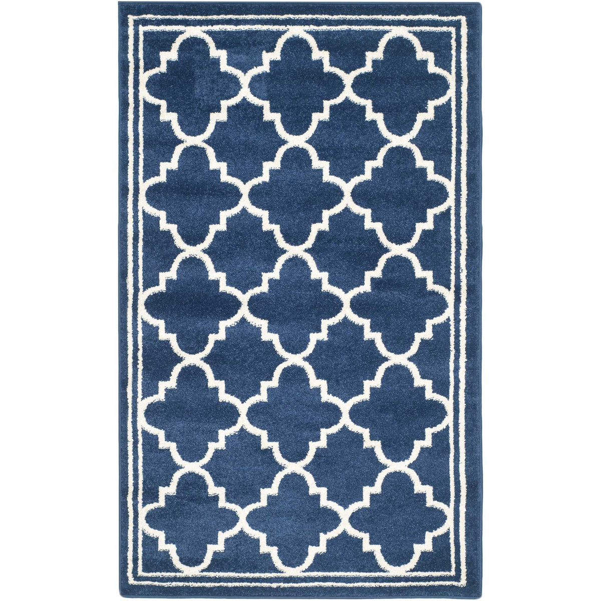 Large beige quatrefoils punctuate this compact 3 ft. by 5 ft. navy area rug.