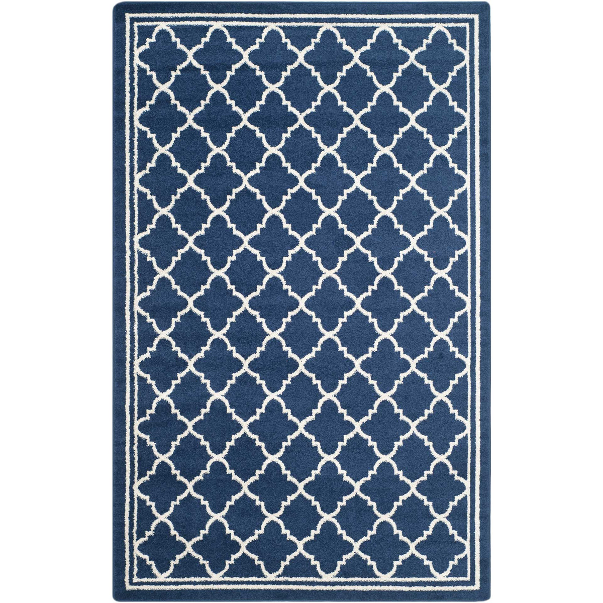 A 5 ft. 3 in. by 8 ft. navy rug is patterned with beige quatrefoils and a double-line frame.