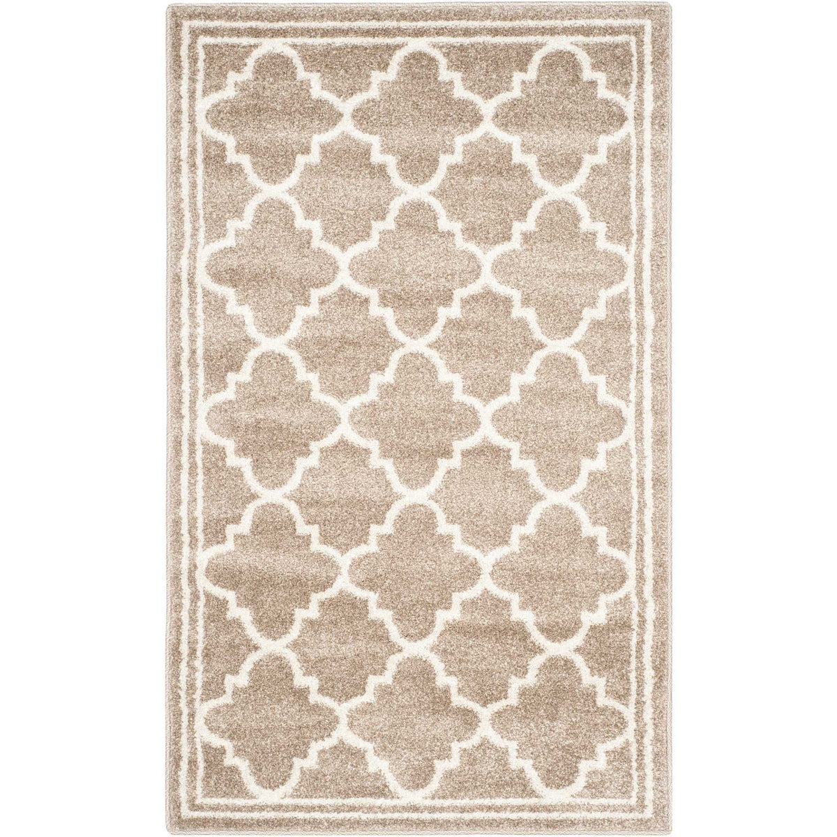 A 3 ft. by 5 ft. wheat-tone rug brings oversized beige quatrefoils to smaller spaces.