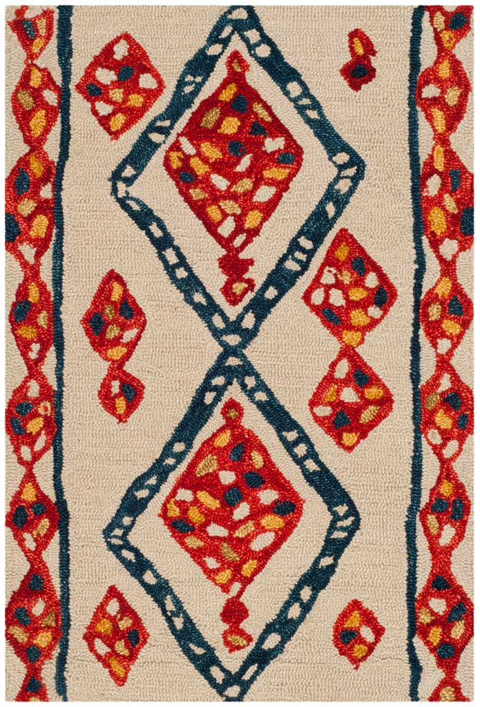 Compact ivory wool rug combines bold red diamond motifs with dark blue lattice lines and colorful borders.