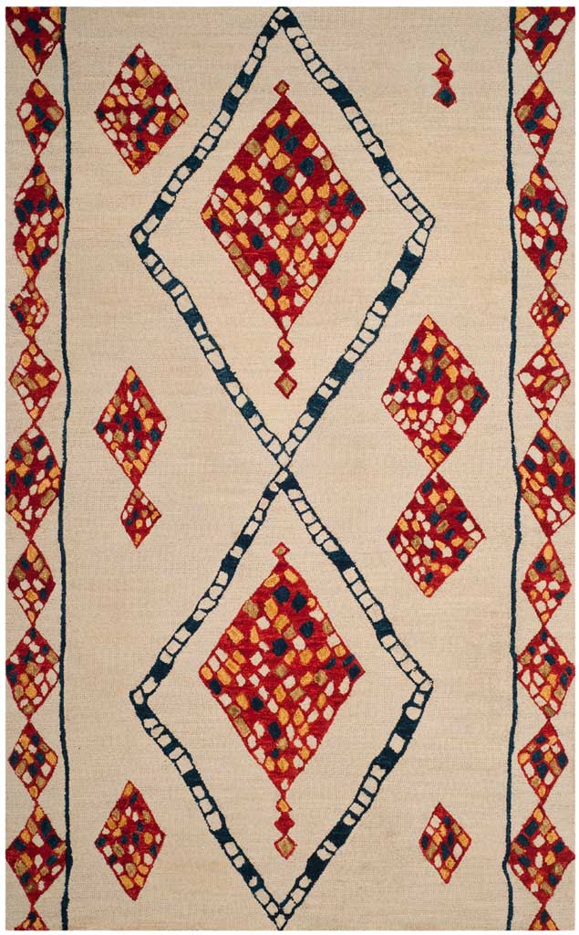 Ivory wool rug pairs two ornate red diamonds with blue lattice outlines and patterned side borders.
