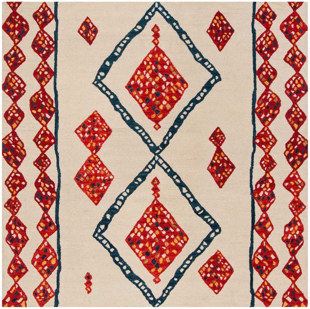 Square ivory wool rug features red diamond medallions, blue outlines, and vibrant patterned borders.