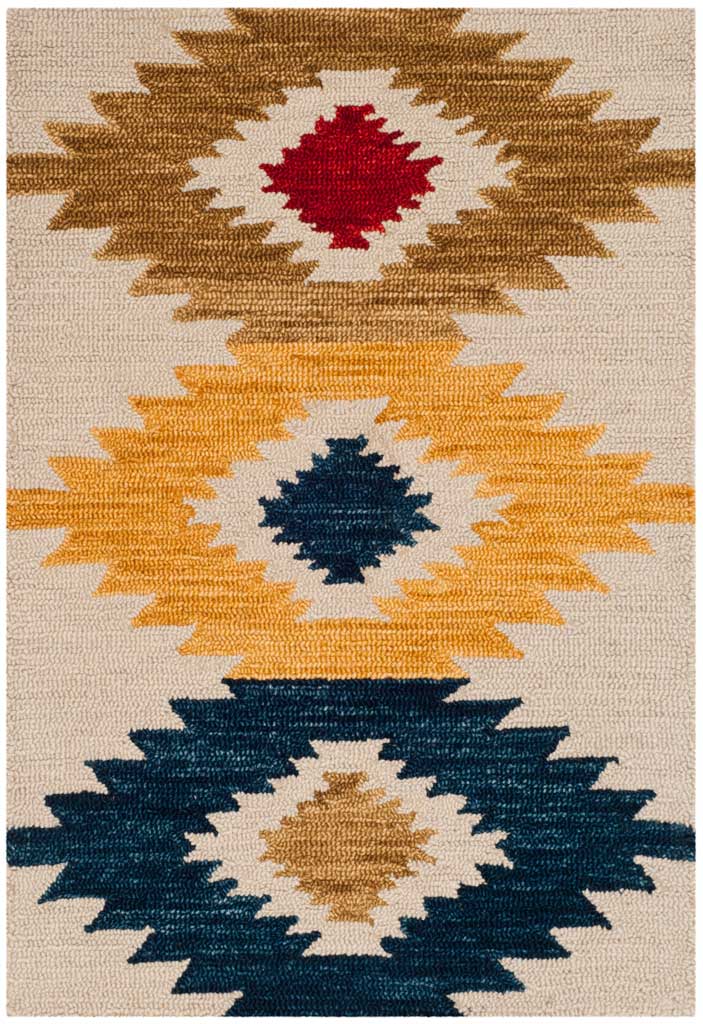 Compact ivory wool rug with gold, yellow, and navy stepped diamonds and bright red accents