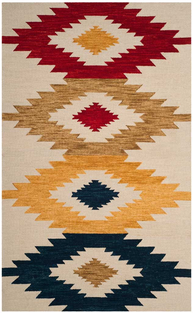 Ivory hand-tufted wool rug with a bold column of red, tan, gold, and navy stepped diamonds || APN704A-8 || top_studio