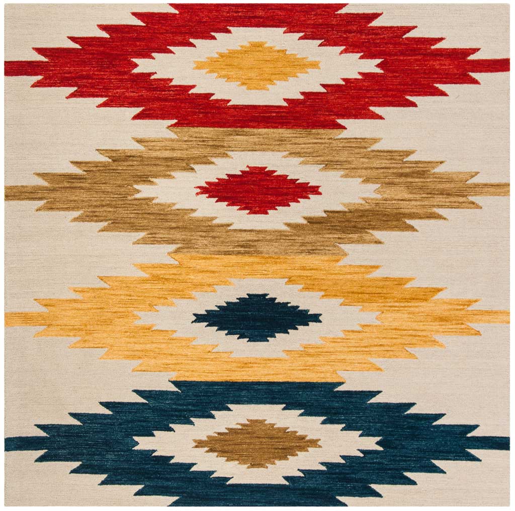 Ivory hand-tufted wool rug with a bold column of red, tan, gold, and navy stepped diamonds || APN704A-8 || top_studio