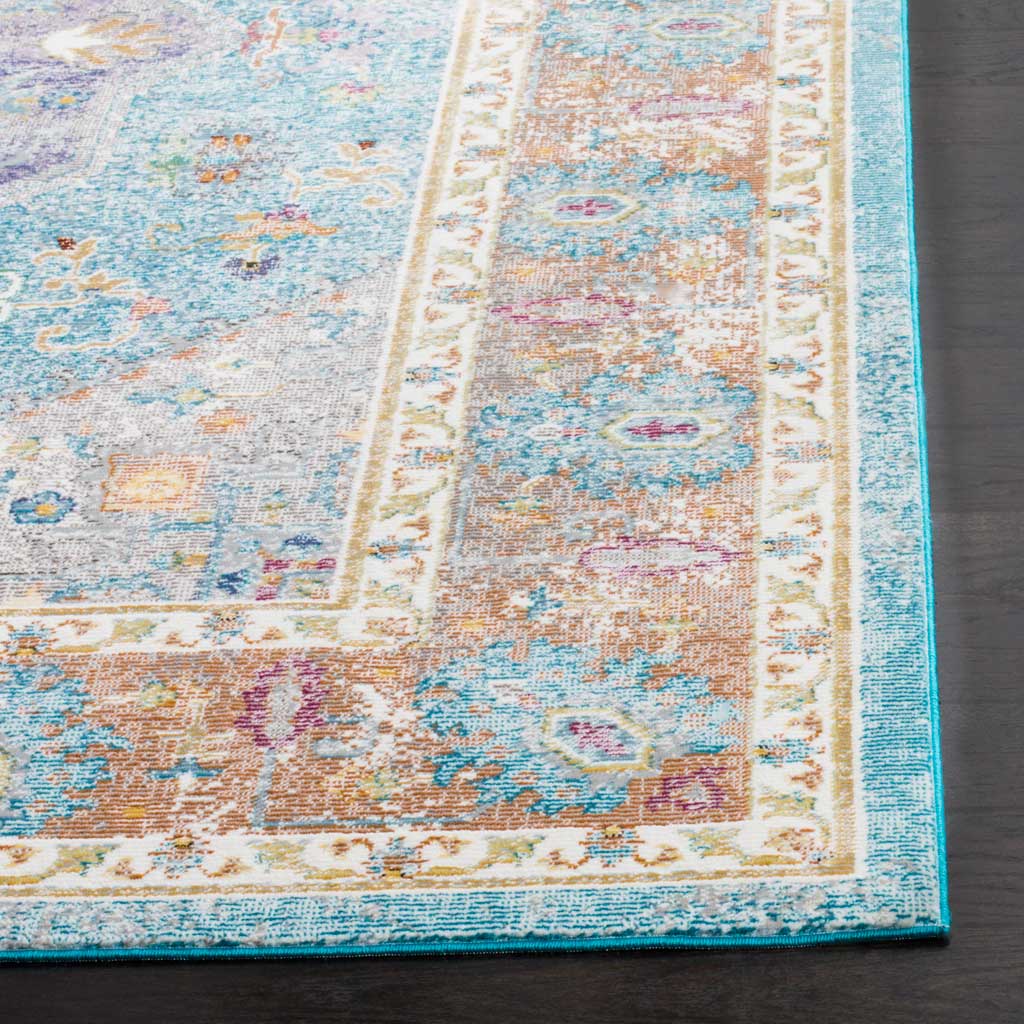 A slim turquoise edge finishes an ornate floral border in blue, cream, and warm rust.