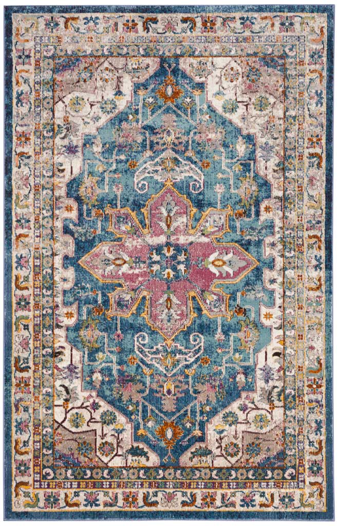 A bright teal-blue field displays a rosy medallion, cream floral corners, and ornate borders.