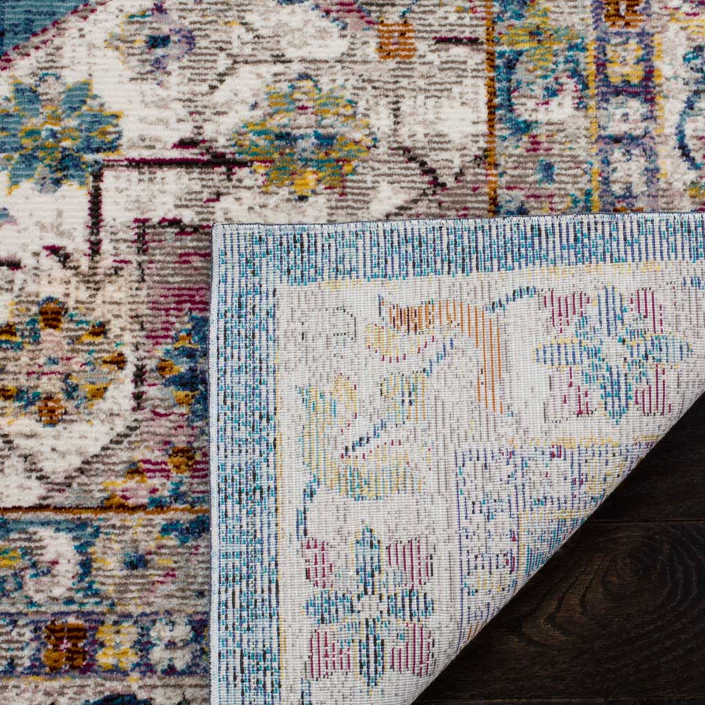 A lightly patterned woven underside complements the blue and cream floral surface.