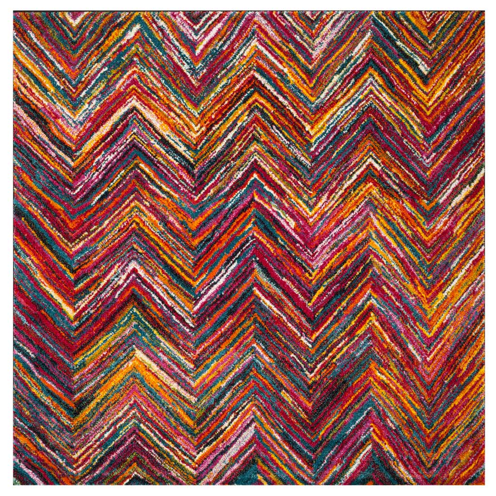 Jewel-bright pink, orange, and blue zigzags bring spirited color to this square rug.