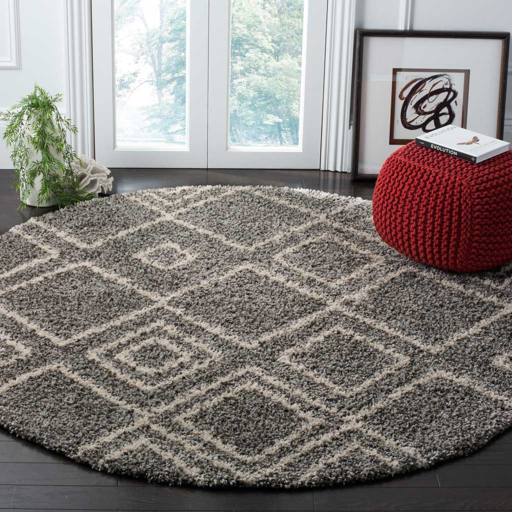 A round brown and ivory shag rug brings geometric warmth to a living space