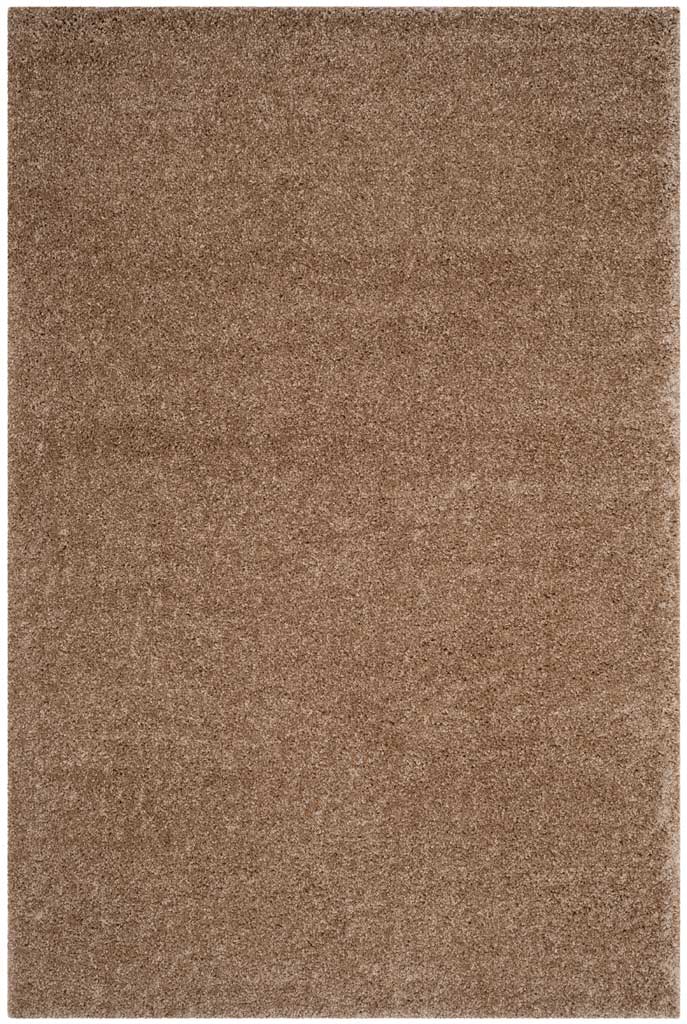 Rectangular taupe rug combines a cozy shag texture with simple, solid-color styling.