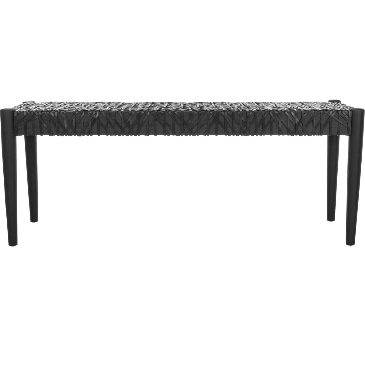 Woven black leather tops a streamlined wood bench with four slender, tapered legs. || BCH1000B || front_studio