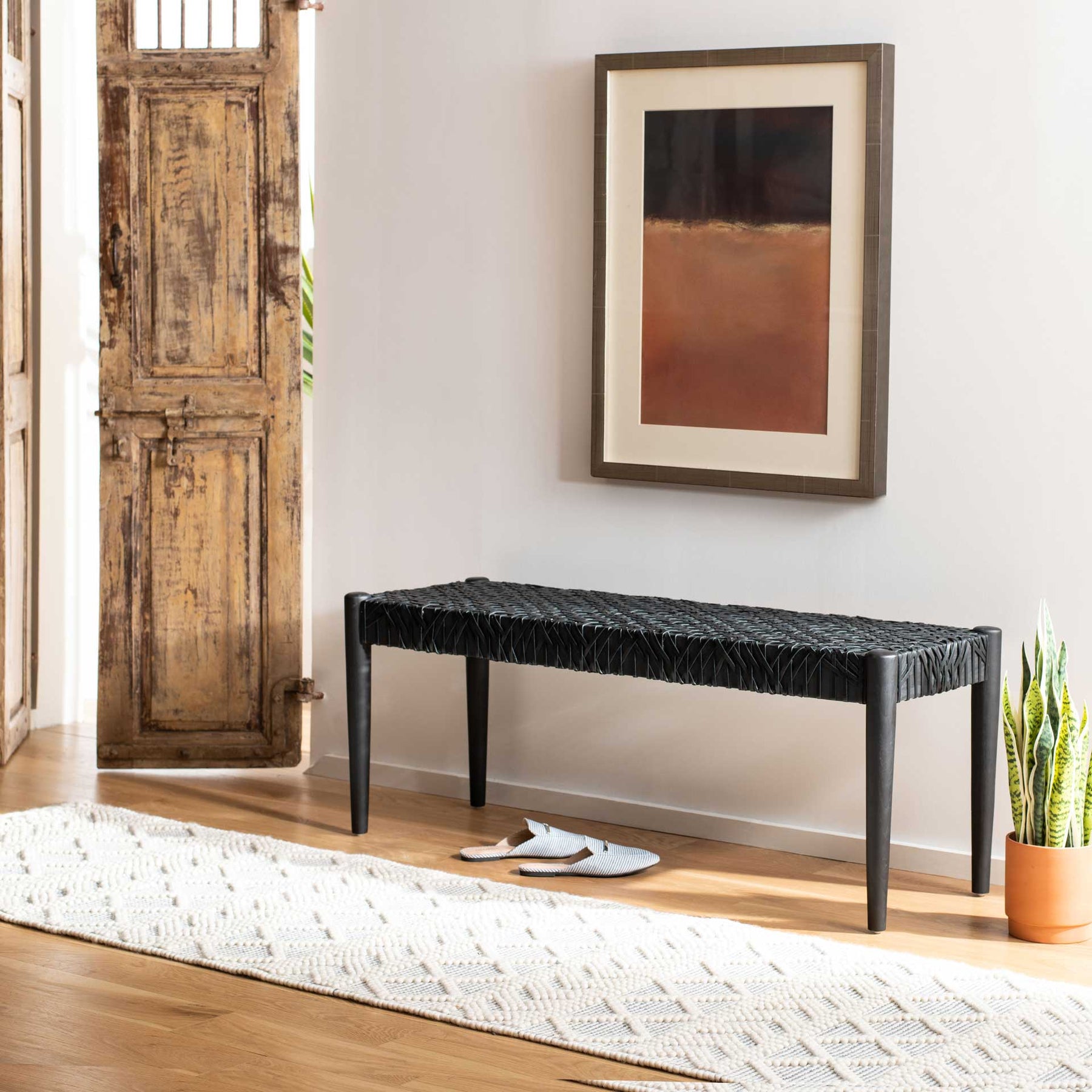 Baize Leather Weave Bench Black/Black - Froy.com
